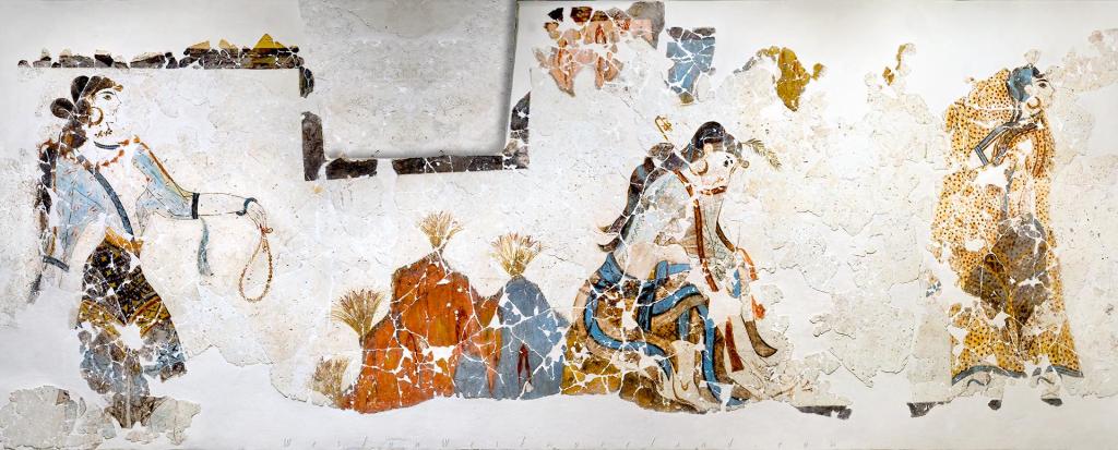 "Adorants Fresco" of three women of various ages adorned in saffron